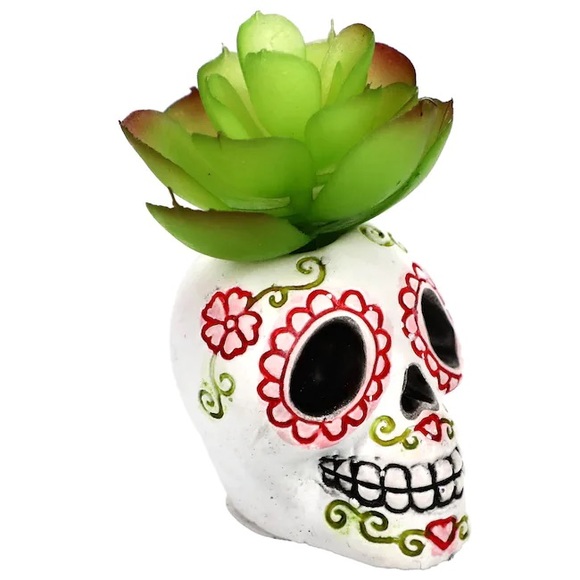Day Of The Dead Desktop Ceramic Sugar Skull Artifical Succulent Plant Figure - Picture 4 of 11